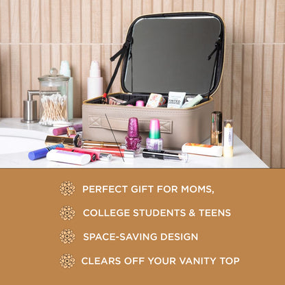 Volume Travel Makeup Case with Mirror Vegan Leather Champagne Gold Gift
